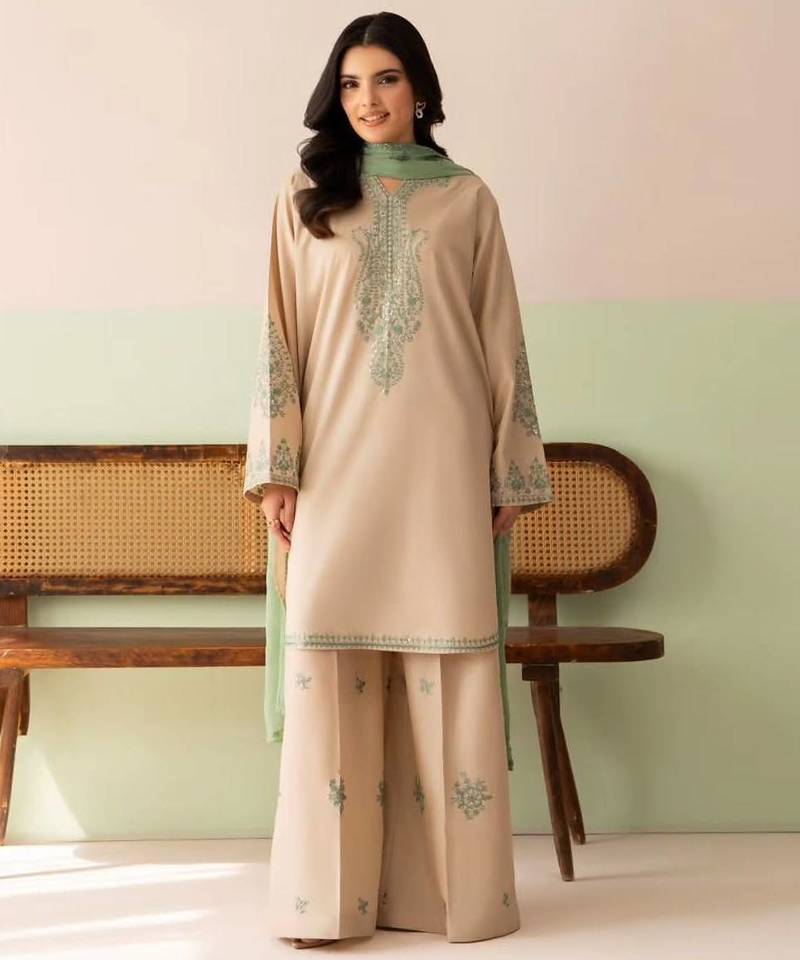 Ivory roman silk blend palazzo suit with embroidered georgette dupatta