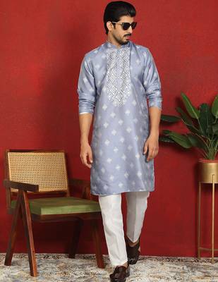 Silk jacquard embroidered woven design straight blue kurta with white trouser 1