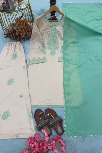 Ivory roman silk blend palazzo suit with embroidered georgette dupatta