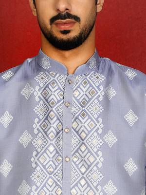 Silk jacquard embroidered woven design straight blue kurta with white trouser 2