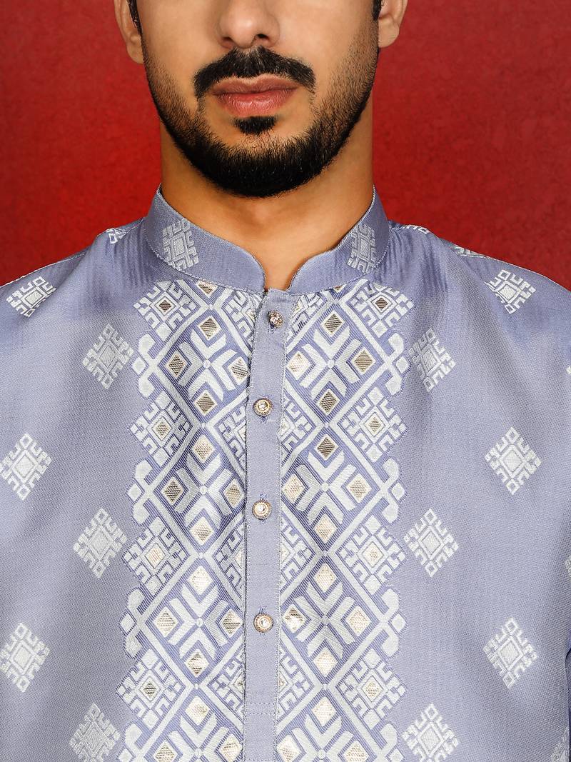 Silk jacquard embroidered woven design straight blue kurta with white trouser