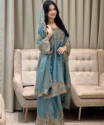 Ivory roman silk blend palazzo suit with embroidered georgette dupatta 1