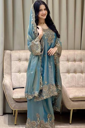 Ivory roman silk blend palazzo suit with embroidered georgette dupatta