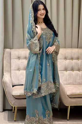 Ivory roman silk blend palazzo suit with embroidered georgette dupatta