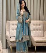 Ivory roman silk blend palazzo suit with embroidered georgette dupatta
