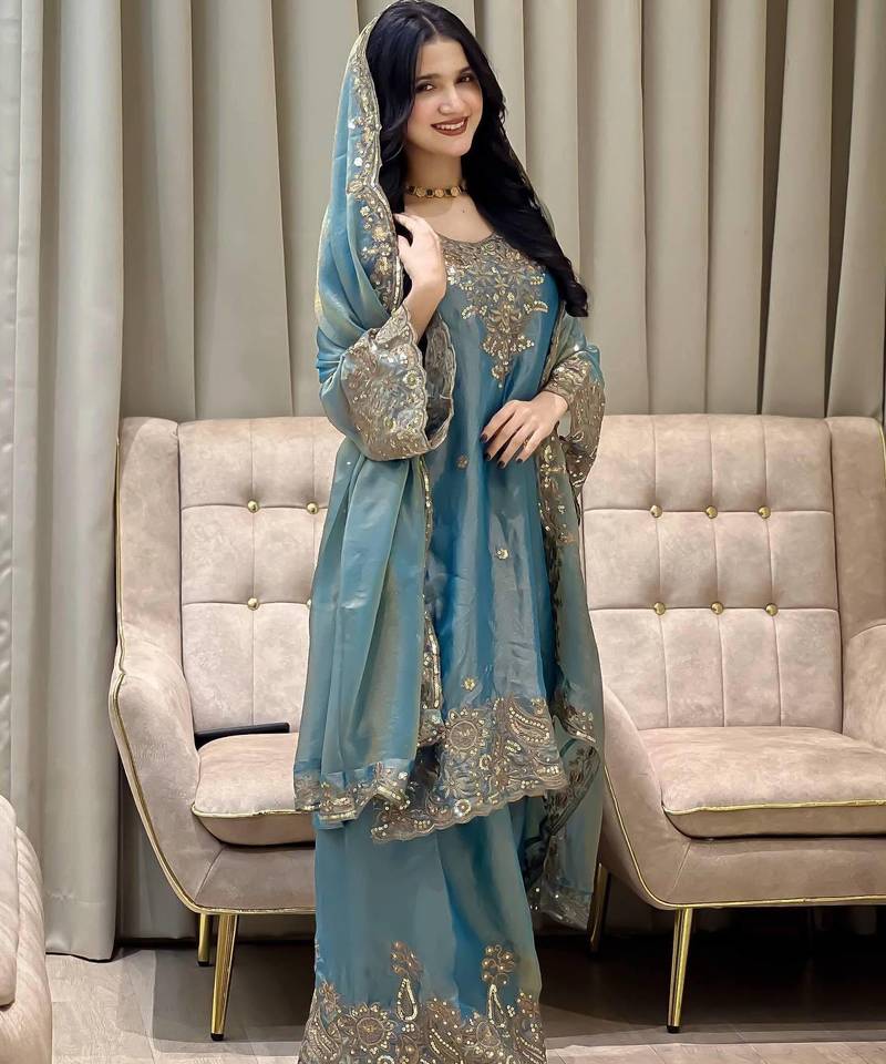 Ivory roman silk blend palazzo suit with embroidered georgette dupatta