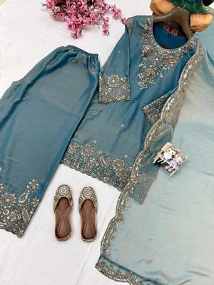 Ivory roman silk blend palazzo suit with embroidered georgette dupatta 2