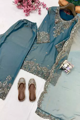 Ivory roman silk blend palazzo suit with embroidered georgette dupatta