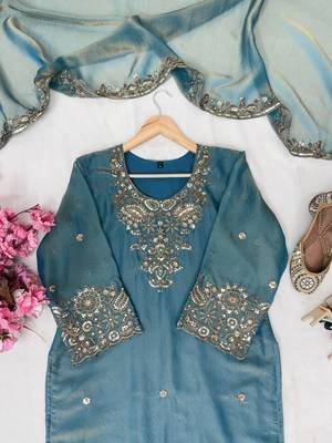 Ivory roman silk blend palazzo suit with embroidered georgette dupatta 3