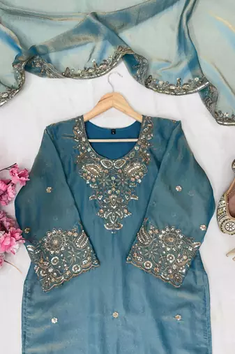 Ivory roman silk blend palazzo suit with embroidered georgette dupatta