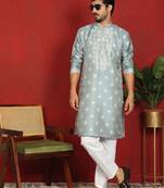 Silk jacquard embroidered woven design straight green kurta with white trouser