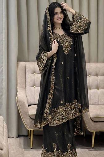 Black nc moss silk blend kurti palazzo set with embroidered dupatta