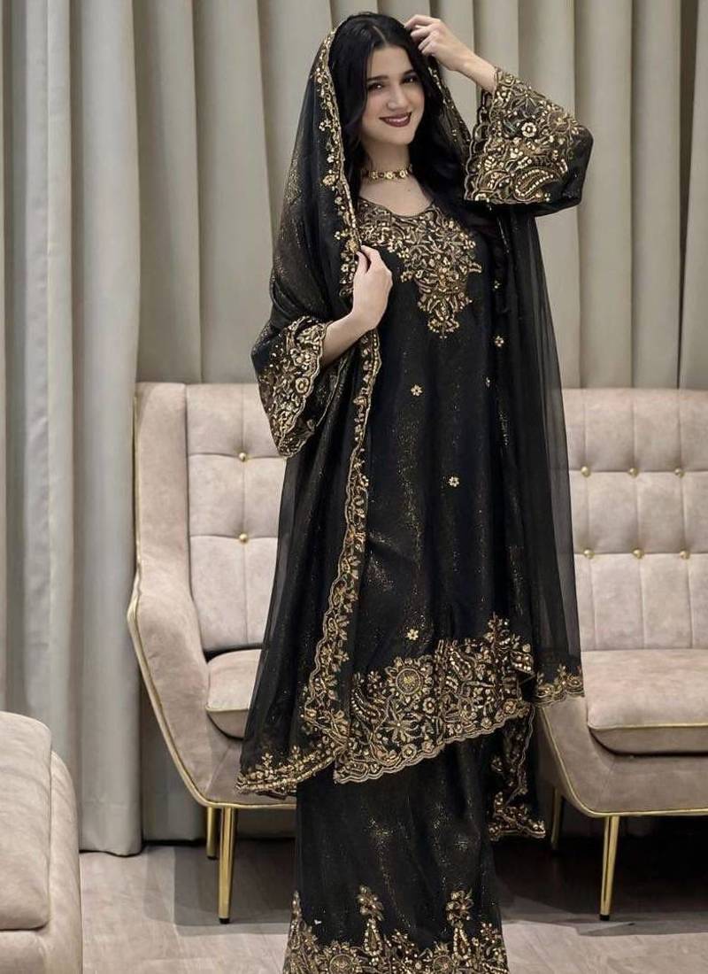 Black nc moss silk blend kurti palazzo set with embroidered dupatta
