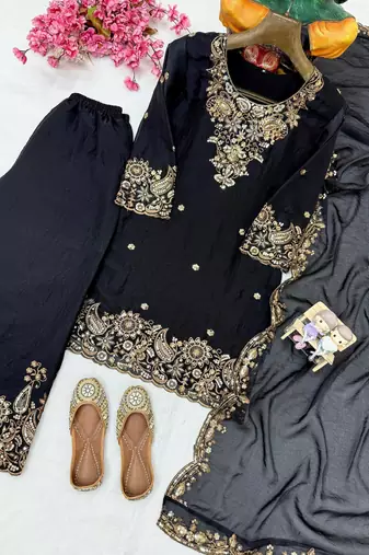 Black nc moss silk blend kurti palazzo set with embroidered dupatta