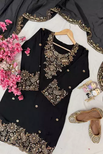 Black nc moss silk blend kurti palazzo set with embroidered dupatta
