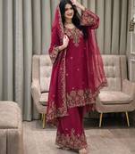 Rani pink nc moss silk blend kurti palazzo set with embroidered dupatta