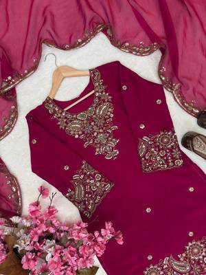Rani pink nc moss silk blend kurti palazzo set with embroidered dupatta 2