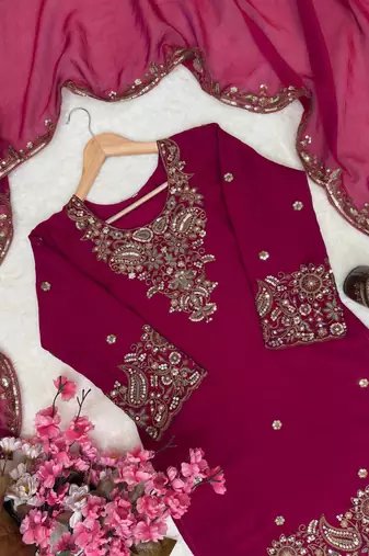 Rani pink nc moss silk blend kurti palazzo set with embroidered dupatta