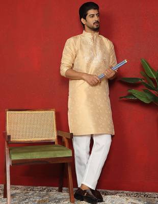Silk jacquard embroidered floral design straight beige kurta with white trouser 1