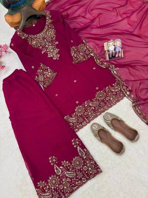 Rani pink nc moss silk blend kurti palazzo set with embroidered dupatta 3