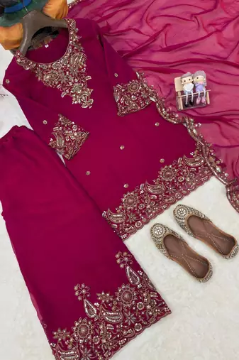 Rani pink nc moss silk blend kurti palazzo set with embroidered dupatta