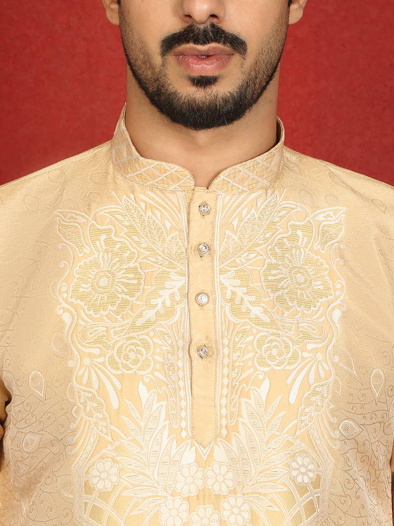 Silk jacquard embroidered floral design straight beige kurta with white trouser