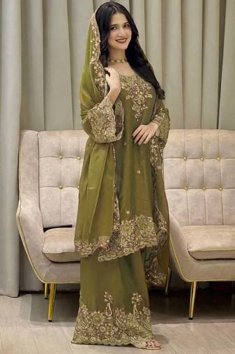 Olive nc moss silk blend kurti palazzo set with embroidered dupatta