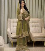 Olive nc moss silk blend kurti palazzo set with embroidered dupatta
