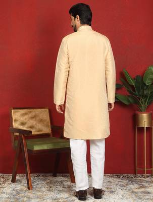 Silk jacquard embroidered floral design straight beige kurta with white trouser 3