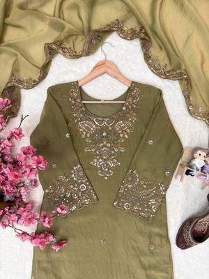 Olive nc moss silk blend kurti palazzo set with embroidered dupatta 2