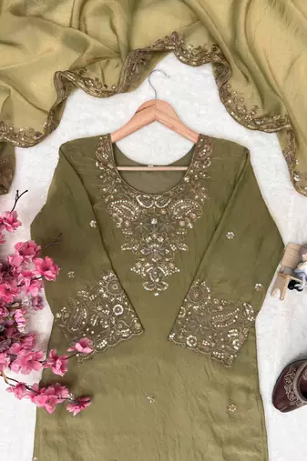 Olive nc moss silk blend kurti palazzo set with embroidered dupatta