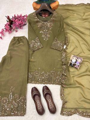 Olive nc moss silk blend kurti palazzo set with embroidered dupatta 3