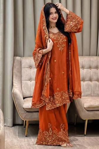 Orange nc moss silk blend kurti palazzo set with embroidered dupatta