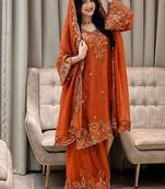 Orange nc moss silk blend kurti palazzo set with embroidered dupatta