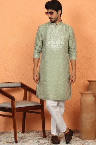 Silk jacquard embroidered floral design straight green kurta with white trouser