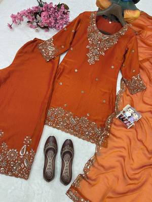 Orange nc moss silk blend kurti palazzo set with embroidered dupatta 2