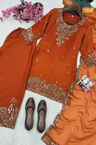 Orange nc moss silk blend kurti palazzo set with embroidered dupatta