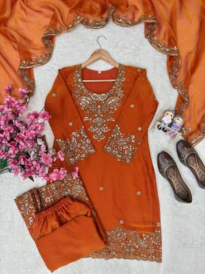 Orange nc moss silk blend kurti palazzo set with embroidered dupatta 3