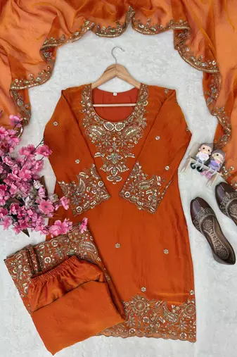 Orange nc moss silk blend kurti palazzo set with embroidered dupatta