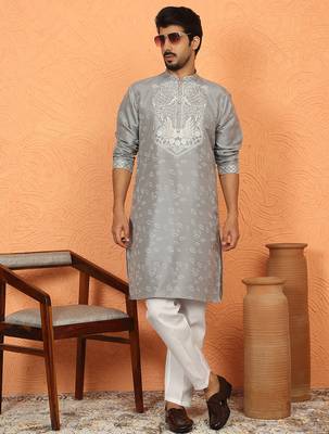 Silk jacquard embroidered floral design straight grey kurta with white trouser 1
