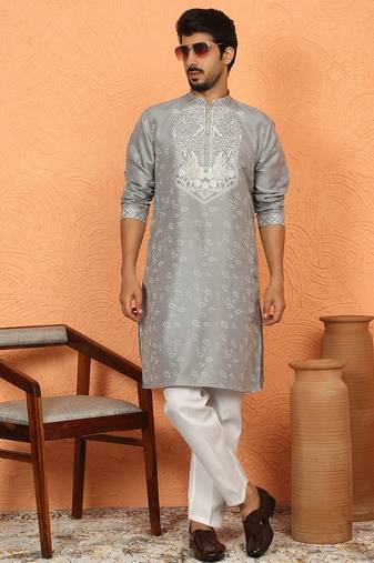 Silk jacquard embroidered floral design straight grey kurta with white trouser