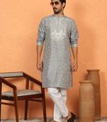 Silk jacquard embroidered floral design straight grey kurta with white trouser