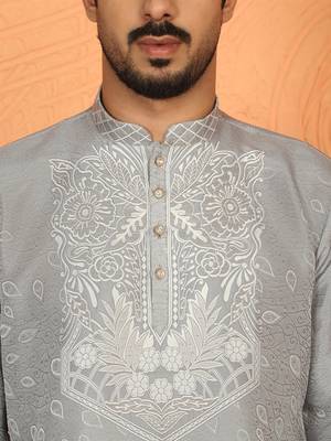 Silk jacquard embroidered floral design straight grey kurta with white trouser 2
