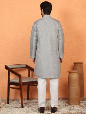 Silk jacquard embroidered floral design straight grey kurta with white trouser 3
