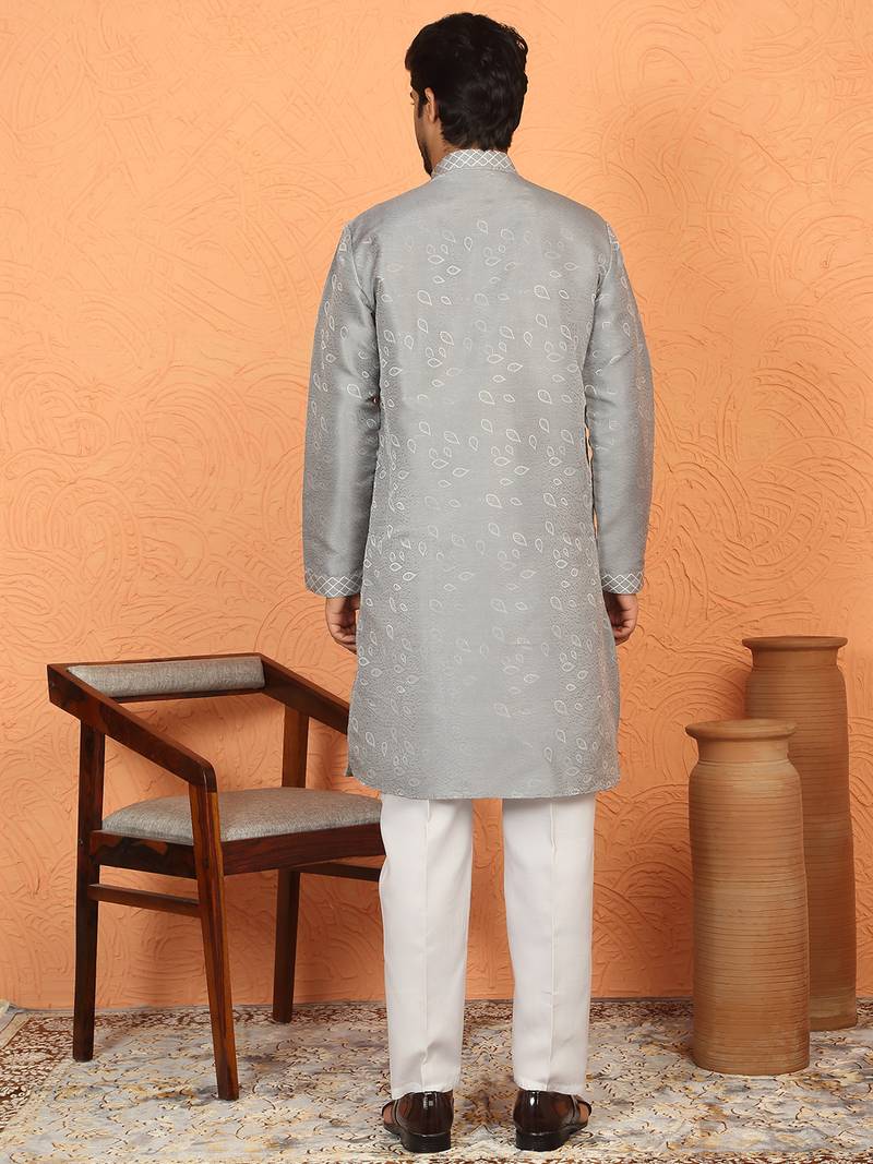 Silk jacquard embroidered floral design straight grey kurta with white trouser
