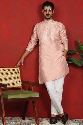 Silk jacquard embroidered floral design straight pink kurta with white trouser