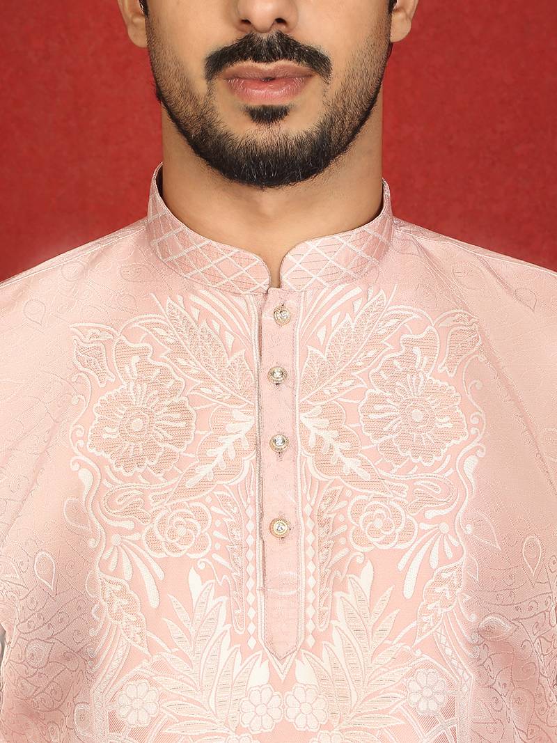 Silk jacquard embroidered floral design straight pink kurta with white trouser
