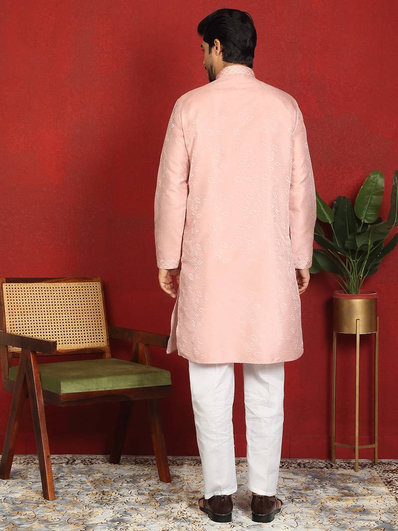 Silk jacquard embroidered floral design straight pink kurta with white trouser