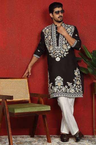 Cotton silk black embroidered floral design straight kurta with white silk trouser