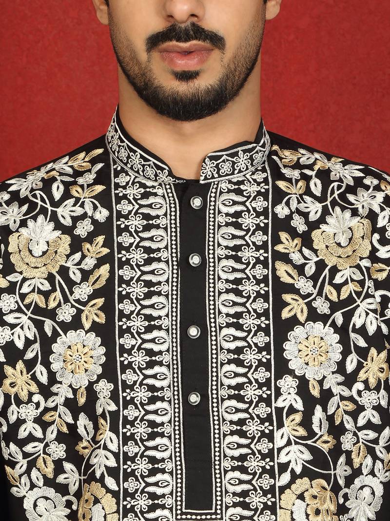 Cotton silk black embroidered floral design straight kurta with white silk trouser
